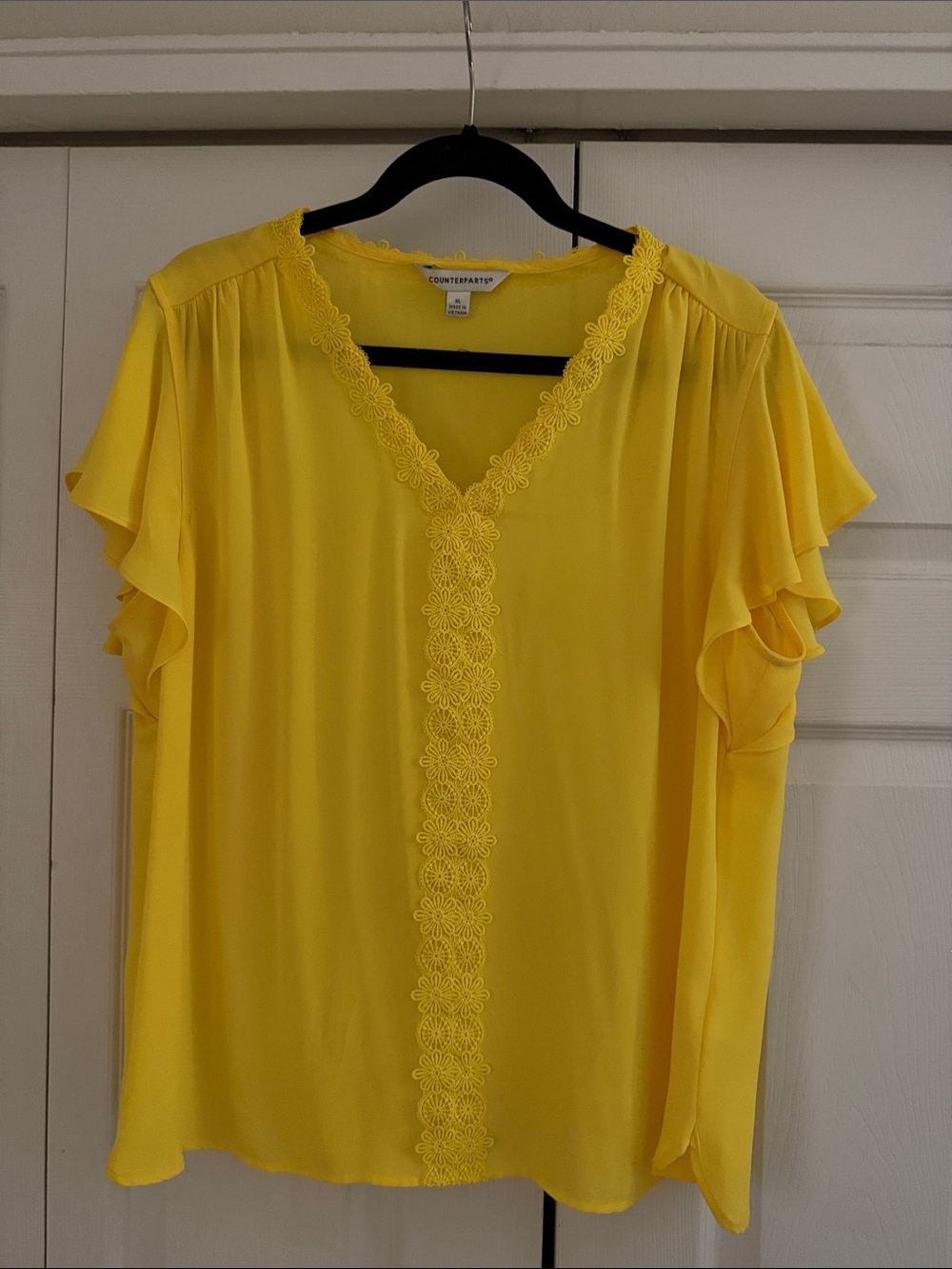 Counterparts Yellow V-Neck Flutter Sleeve Blouse with Lace Trim